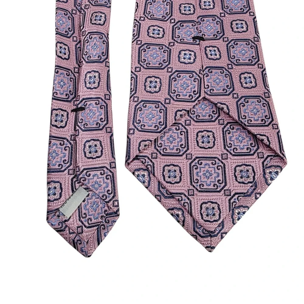 Burma Bibas Silk Mens Geometric Pattern Necktie Pink Blue Designer Easter Church